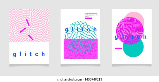 Universal Modern Geometric Poster Set with Chaotic Glitch Art composition in Pastel colors. Vector abstract design template for web banner, cover, background in Vaporwave/ cyberpunk style.