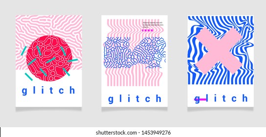 Universal Modern Geometric Poster Set with Chaotic Glitch Art composition in Pastel colors. Vector abstract design template for web banner, music cover, background in Vaporwave/ cyberpunk style.