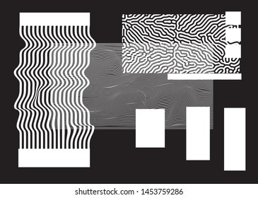 Universal Modern Geometric Shapes Set. Chaotic Glitch Art composition with Vector abstract design elements for web banner, posters, backgrounds. Vaporwave/ cyberpunk retrofuturistic style.