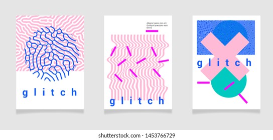 Universal Modern Geometric Shapes Set in Pastel colors. Chaotic Glitch Art composition with Vector abstract design elements for web banner, posters, covers, backgrounds. Vaporwave/ cyberpunk style.