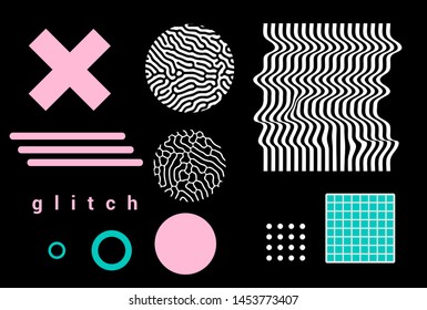 Universal Modern Geometric Shapes Set. Chaotic Glitch Art composition with Vector abstract design elements for web banner, posters, backgrounds. Vaporwave/ cyberpunk retrofuturistic style.