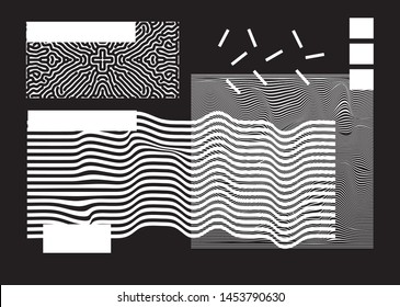 Universal Modern Geometric Shapes Set. Chaotic Glitch Art composition with Vector abstract design elements for web banner, posters, backgrounds. Vaporwave/ cyberpunk retrofuturistic style.