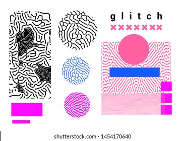 Universal Modern Geometric Shapes Set in Pastel colors. Chaotic Glitch Art composition with Vector abstract design elements for web banner, posters, covers, backgrounds. Vaporwave/ neo-memphis style.