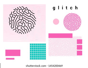 Universal Modern Geometric Shapes Set in Pastel colors. Chaotic Glitch Art composition with Vector abstract design elements for web banner, posters, covers, backgrounds. Vaporwave/ neo-memphis style.