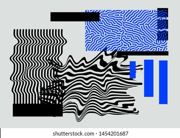 Universal Modern Geometric Shapes Set. Chaotic Glitch Art composition with Vector abstract design elements for web banner, posters, backgrounds. Vaporwave/ cyberpunk retrofuturistic style.