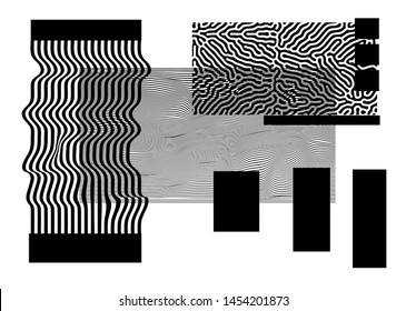 Universal Modern Geometric Shapes Set. Chaotic Glitch Art composition with Vector abstract design elements for web banner, posters, backgrounds. Vaporwave/ cyberpunk retrofuturistic style.