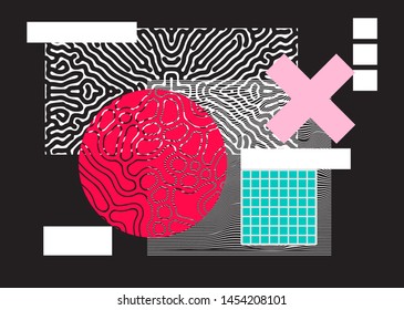 Universal Modern Geometric Shapes Set. Chaotic Glitch Art composition with Vector abstract design elements for web banner, posters, backgrounds. Vaporwave/ cyberpunk retrofuturistic style.