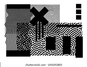 Universal Modern Geometric Shapes Set. Chaotic Glitch Art composition with Vector abstract design elements for web banner, posters, backgrounds. Vaporwave/ cyberpunk retrofuturistic style.