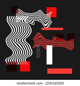Universal Modern Geometric Shapes Set. Chaotic Glitch Art composition with Vector abstract design elements for web banner, posters, and backgrounds. Vaporwave or cyberpunk retrofuturistic style.