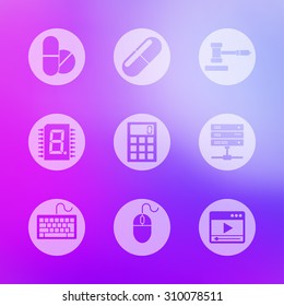 Universal modern icon set for mobile or web interface on blurred background. Different activity pictogram collection. Web UI symbol graphics material