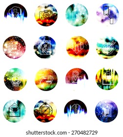 Universal modern icons on blur background. Icons for web and mobile app, business, finance, multimedia, hipster style