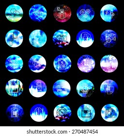 Universal modern icons on blur background. Icons for web and mobile app, business, finance, multimedia, hipster style
