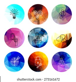 Universal modern icons on polygonal backgrounds. Icons for web and mobile app, business, finance, multimedia, hipster style. low poly illustration