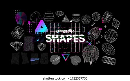 Universal modern shapes with glitch effects. Trendy cyberpunk retro futurism set, vaporwave. Digital abstract elements for web design, banners, posters and covers. Futuristic memphis. Vector 