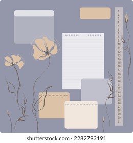 Planner mensual universal con lugar para notas e ilustración de flores abstractas. Imagen vectorial.