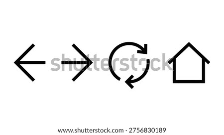 Universal navigation interface icon collection in simple line style, directional arrows, refresh, house, and home