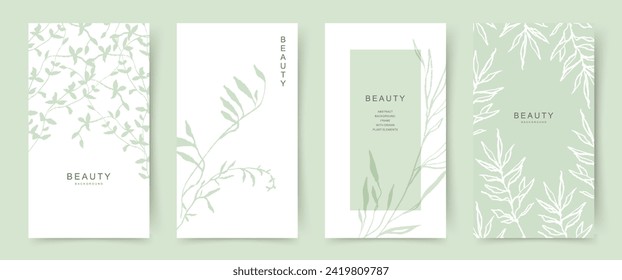 Universal neutral botanical backgrounds with green floral elements, delicate branches and leaves. Flower frame. Vector illustration for card, banner, cover, wedding invitation, social media, packaging