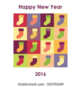 Universal new year greeting card with Happy New Year lettering and socks for christmas presents in bright colors 