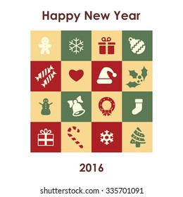 Universal new year greeting card with Happy New Year lettering and new year symbols in vintage colors snowflakes, socks, sweets, gifts, christmas tree, gingerbread, snowman, hat