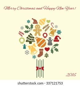 Universal new year greeting card with Merry Christmas and Happy New Year lettering and new year symbols in vintage colors snowflakes, socks, sweets, gifts, christmas tree, gingerbread, snowman, hat