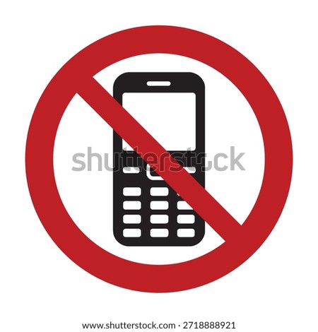 Universal No Cell Phone Use Prohibitory Symbol with Red Circle Slash and Mobile Phone Icon for Public Safety Restricted Communication Zones and Electronic Device Regulations - High Vectorial Stock Image