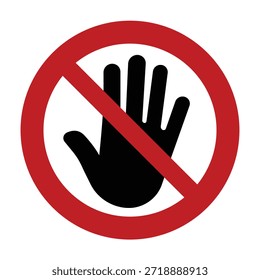 Universelles No Entry-Verbotssymbol mit rotem Kreisstrich und schwarzem Stopp-Handgesten-Symbol für die Sicherheitskontrolle des Beschilderungszugangs und die Einhaltung von Beschränkungen im Bereich - Stockbild mit hohem Vektorgrad