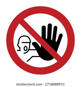 Símbolo de prohibición de entrada no autorizada universal con barra de círculo rojo e ícono de gesto de mano de parada para control de acceso de área restringida y cumplimiento de políticas de seguridad - Alta Imagen de stock vectorial