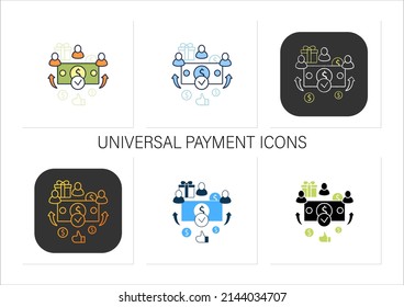 Universal payment icons set. Lump sum people payment. Cash for everyone. Basic income concept.Collection of icons in linear, filled, color styles.Isolated vector illustrations