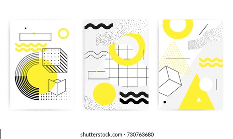 Universal posters collection with bright bold geometric yellow elements, chaotic composition, restrained sustained tempered style. Easy editable clipping mask. Magazine, leaflet, ad, typography, print