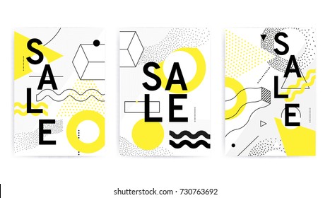Colección universal de carteles con brillantes elementos geométricos amarillos geométricos, composición caótica, estilo moderado y templado. Máscara de recorte fácil de editar. Revista, folleto, anuncio, tipografía, impresión