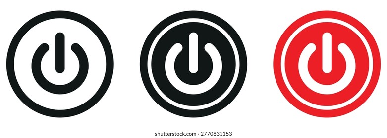 Universal power onoff button icons in black and red for technology and electronic devices