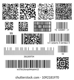 Universal product code barcode types realistic set with two dimensional matrix symbols and numbers system vector illustration 