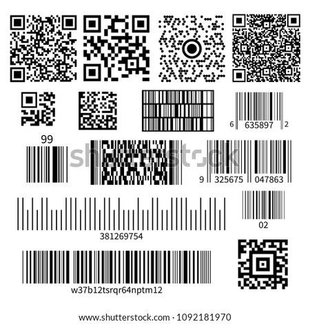 Universal product code barcode types realistic set with two dimensional matrix symbols and numbers system vector illustration 