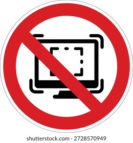 Um sinal de proibição universal com um monitor de computador com um ícone de captura de tela riscado, significando que não há captura de tela ou gravação. Ideal para ambientes seguros ou monitores privados.