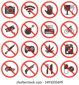 Universal prohibition signs vector icons set, modern solid symbol collection, filled style pictogram pack. Signs, logo illustration. Set includes icons as no photo, do not touch, stop drugs, fragile