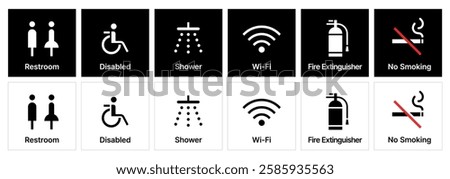 Universal Public Signage Icon set. Restrooms, Shower room, WiFi zone, No-Smoking and fire extinguisher sign. Men and women restroom icon. 