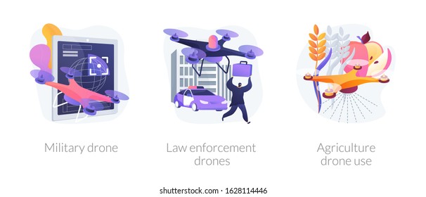 Universal quadcopters use. Industrial multifunctional quadrotors application. Military drone, law enforcement drones, agriculture drone use metaphors. Vector isolated concept metaphor illustrations
