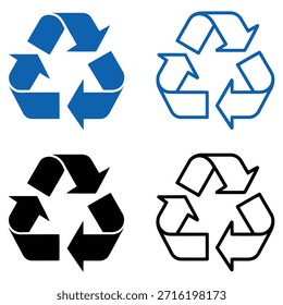 Universelle Recycling-Symbolkollektion mit blauen und schwarzen Variationen in Solid- und Outline-Stilen für ökologische Nachhaltigkeitskonzepte