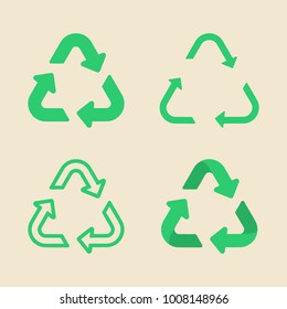 Universal recycling symbol flat icon set, collection of flat design of green arrow signs isolated on the eco background, vector illustration