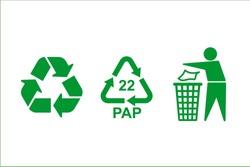 The Universal Recycling Symbol. International Symbol Used On Packaging To Remind People To Dispose Of It In A Bin Instead Of Littering.
Green Icons Isolated On White Background. Vector Illustration.