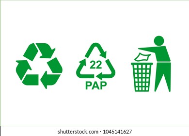 The universal recycling symbol. International symbol used on packaging to remind people to dispose of it in a bin instead of littering.
Green icons isolated on white background. Vector illustration.