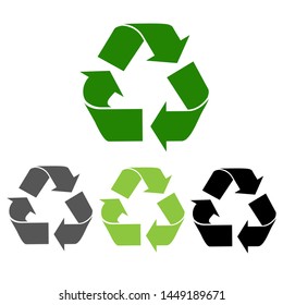 The universal recycling symbol. International symbol used on packaging to remind people to dispose of it in a bin instead of littering. Icon isolated on white background. Vector illustration.