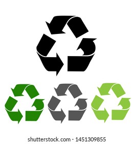 The universal recycling symbol. International symbol used on packaging to remind people to dispose of it in a bin instead of littering. Icon isolated on white background. Vector illustration.