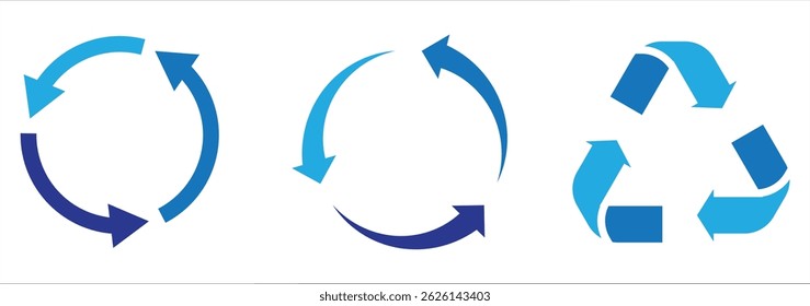 The universal Recycling symbol. International symbol used on packaging. Green, Black and Blue colors icons isolated on white background. Vector illustration.