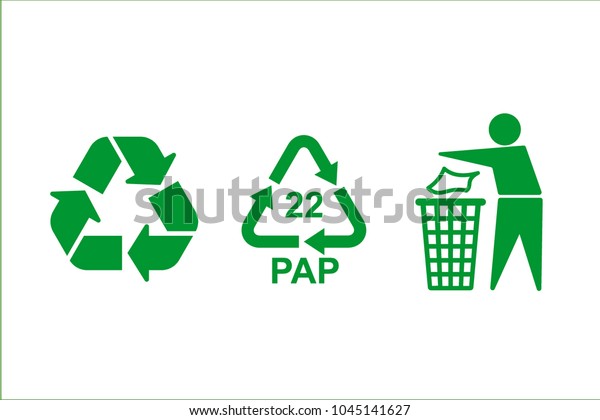 The universal recycling symbol.\
International symbol used on packaging to remind people to dispose\
of it in a bin instead of littering.\
Green icons isolated on white\
background. Vector\
illustration.
