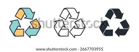 The universal recycling symbol with three chasing arrows. Represents the reduce, reuse, recycle loop and environmental action.