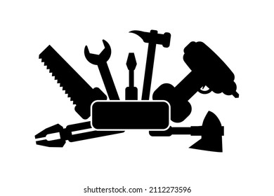 Universal repair tool icon, a logo in the form of a folding tool for all hands with a saw, hammer, wrench, screwdriver and pliers. Isolated on white background, vector graphics