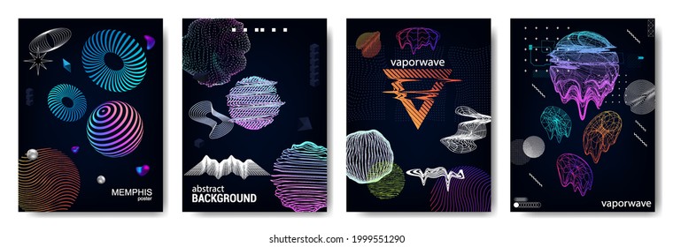 Universal retrofuturistic posters with 3D shapes and shapes. Geometric elements with glitch, liquid and defect effects. Vaporwave shapes glitch, vaporwave, memphis and cyberpunk style. Vector set