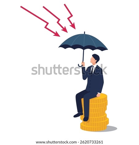 Universal Risk Management Vector Illustration – Businessman Seated on a Stack of Coins Holding an Umbrella to Shield Against Incoming Financial Risk Arrows,vector