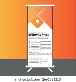 Universal Roll-Up Banner Template for Business or Travel, Design de brochura vertical com montanhas e campos, foto e Info Place, Conjunto de ilustração de vetor